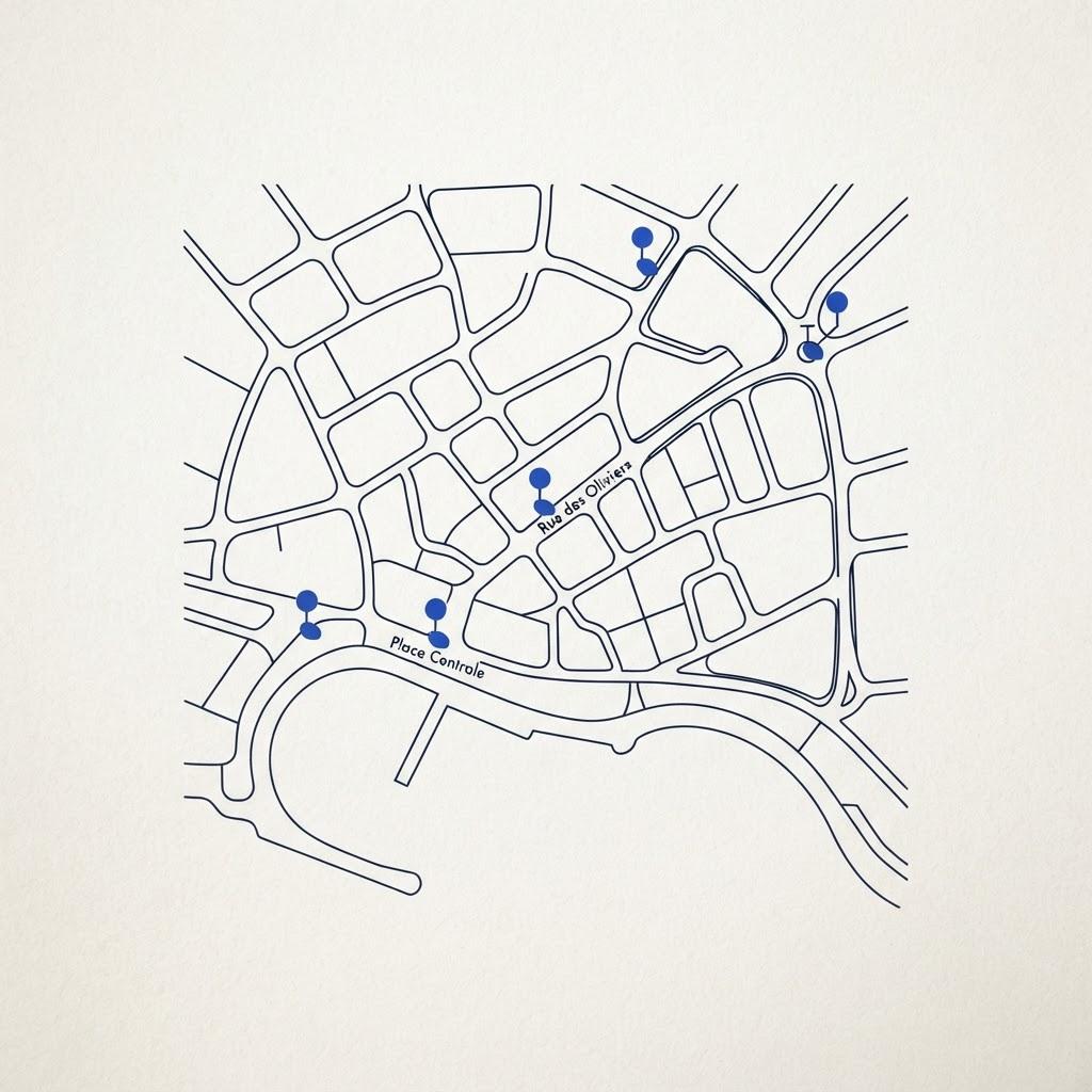 Carte simplifiée d’un quartier de Montpellier avec des repères marquant l’emplacement des officines.